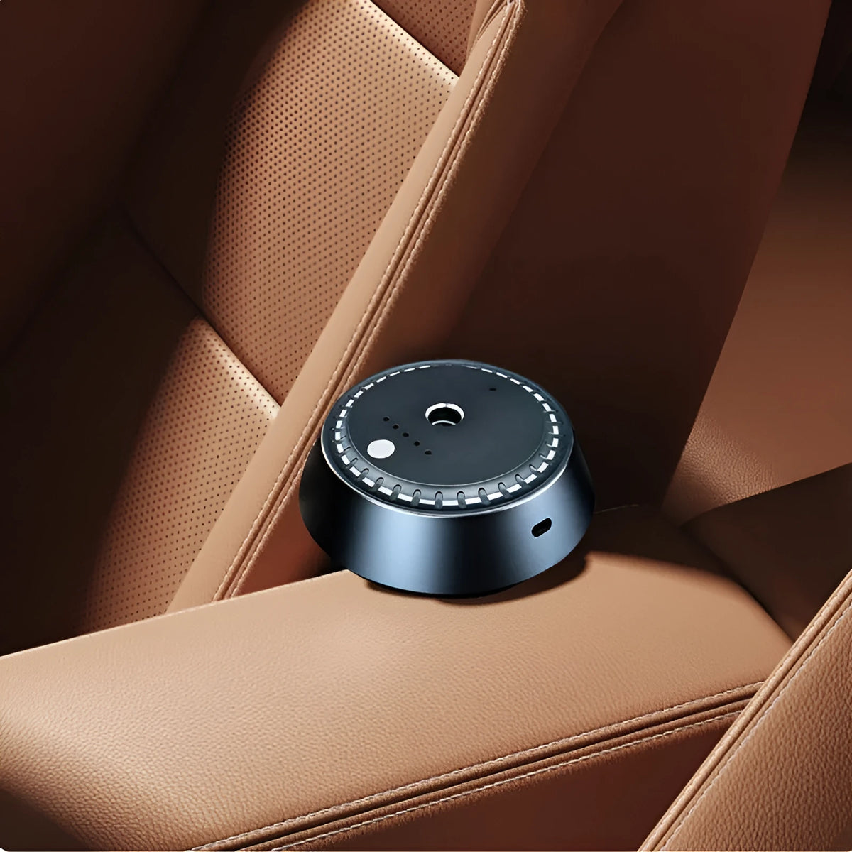 Black metal USB car aroma diffuser with timing function and compact 9x4.5cm dimensions