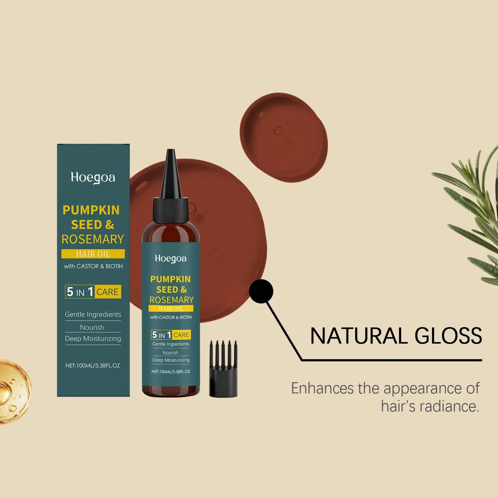 Rosemary hair care essential oil 100ML bottle with pointed applicator nozzle and hair comb
