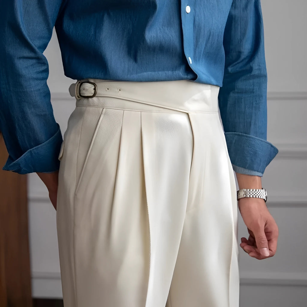 Men's high waist straight leg casual trousers in four colours with waist sizing from 28 to 36 inches
