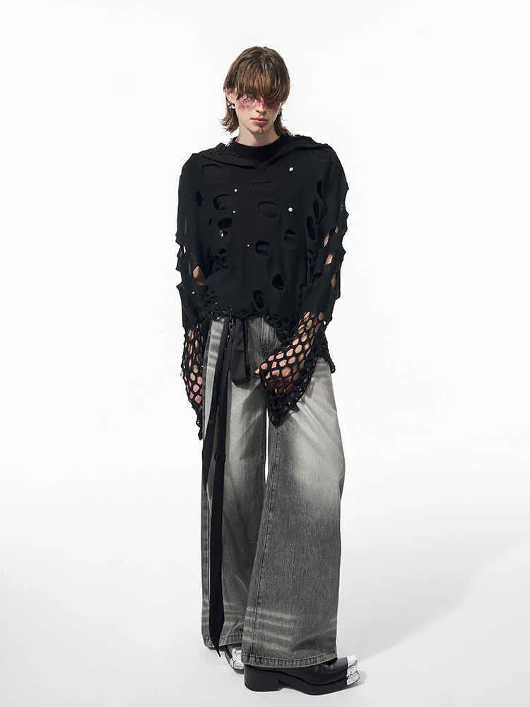Men's black hooded sweater with pearl decoration, loose fit, thin knit spring hoodie
