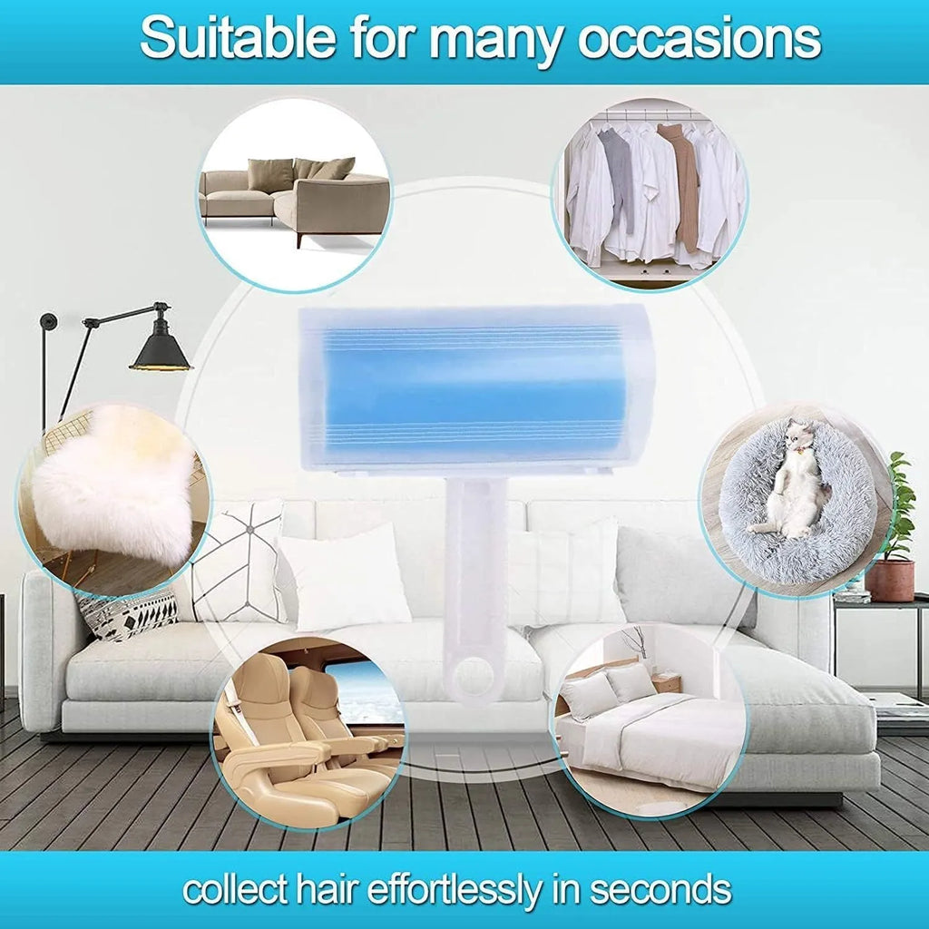 Washable reusable lint roller with cover for pet hair removal on blue background