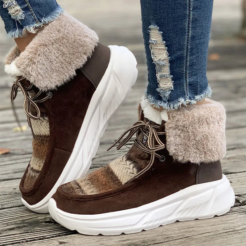 Women's beige lace-up snow boots with suede upper, thick sole, and plush lining