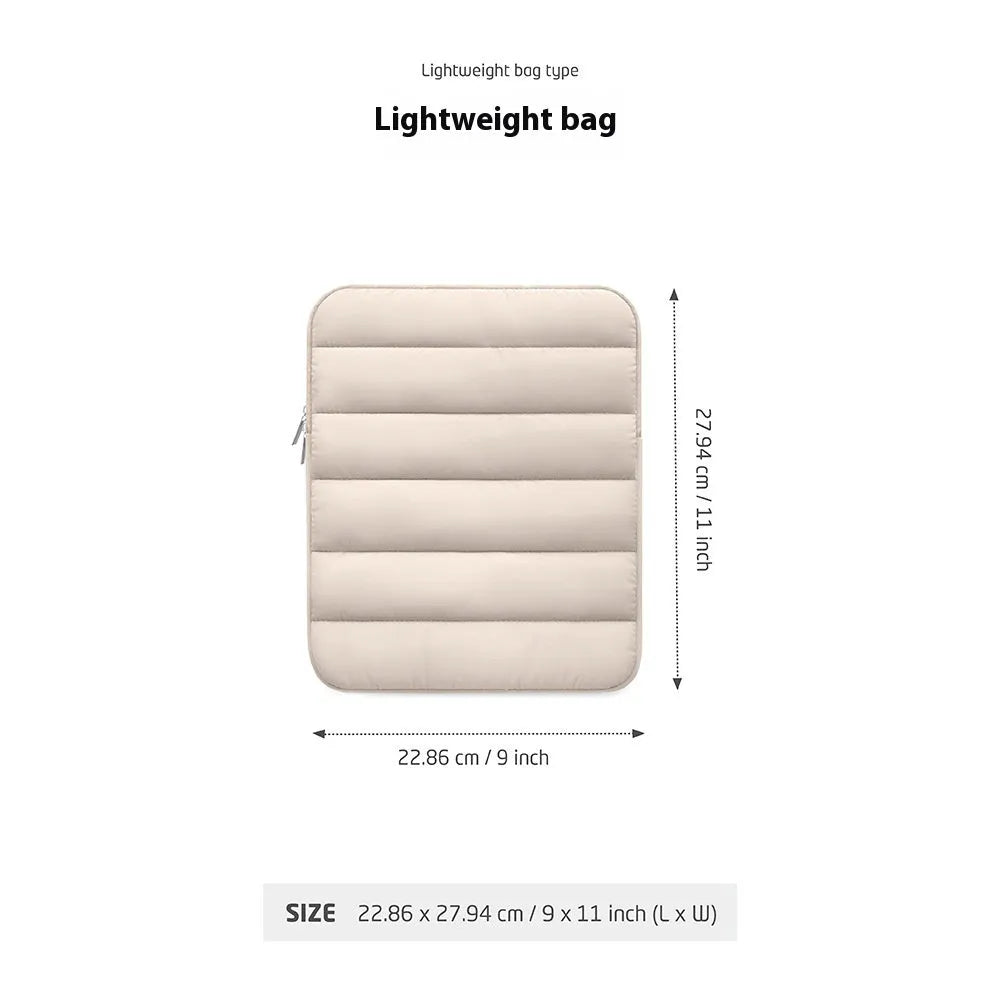 Elastic puff bag laptop sleeve for 9.7-11 inch devices in black, khaki, and silver colours