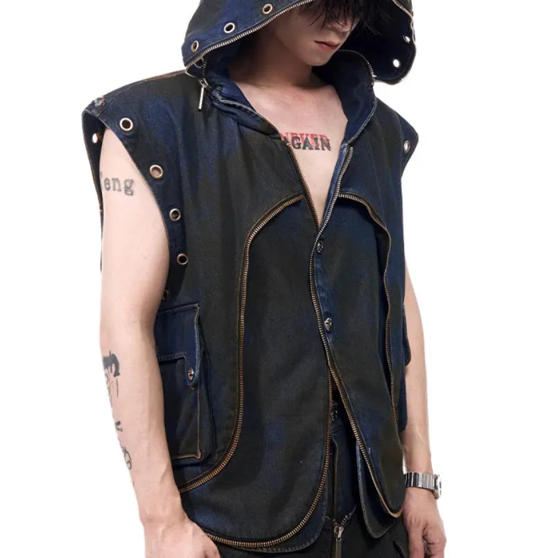 Blue hooded denim vest coat and matching trousers two-piece set Korean style