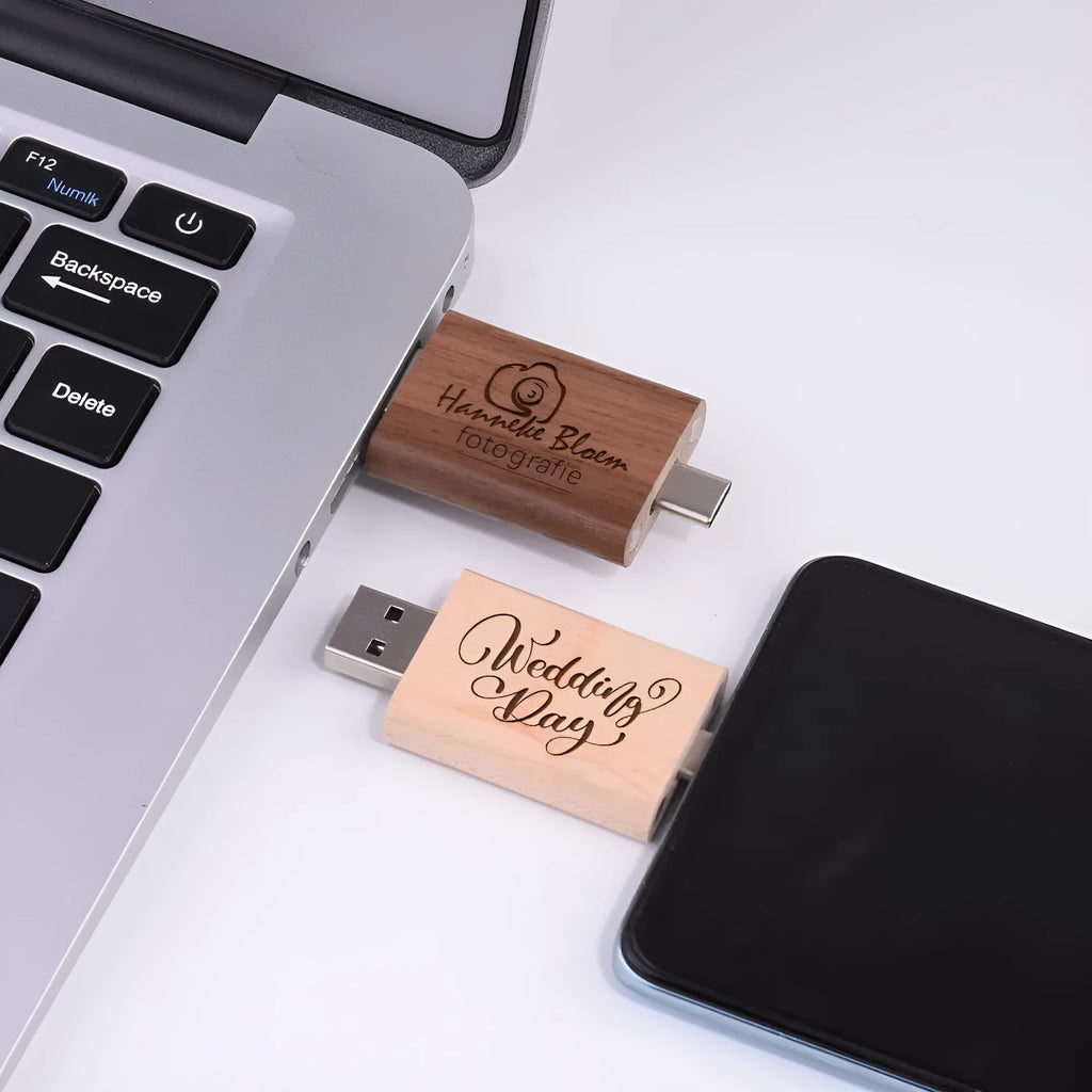 Wooden USB flash drive with Type-C and USB interfaces in Maple wood finish