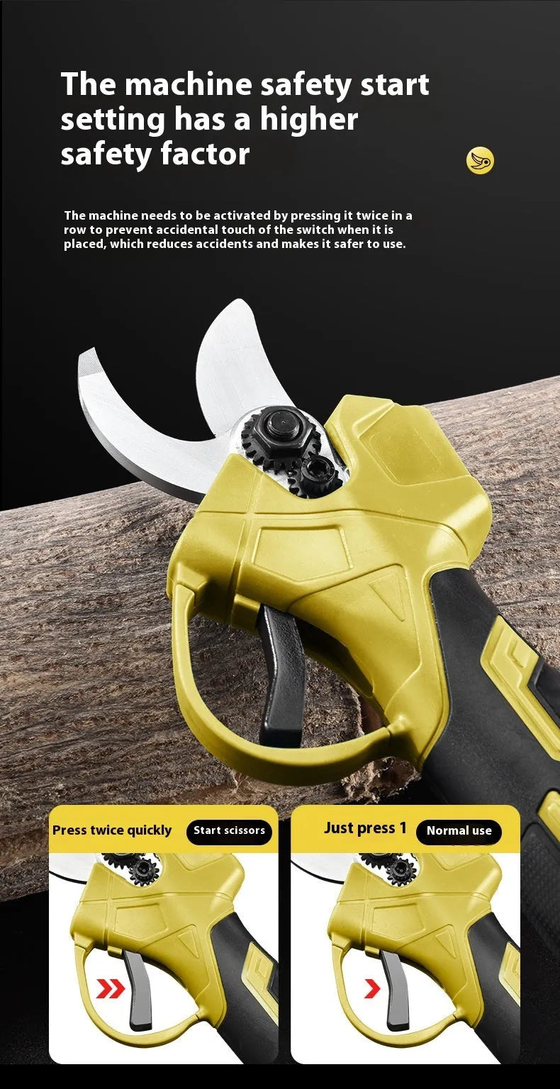 Cordless electric pruning shears with lithium battery in a plastic storage case.