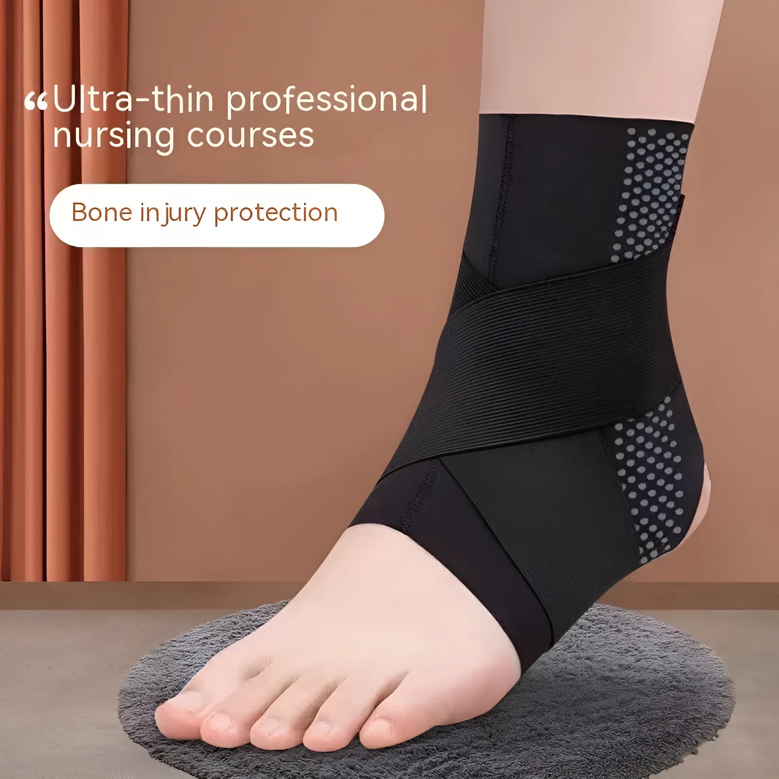 Black Lycra ankle support brace shown on adult ankle with adjustable sizing tab visible