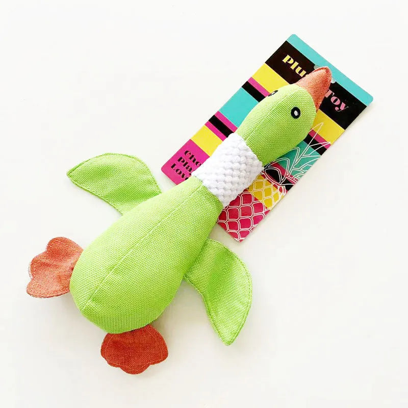 Blue duck-shaped dog plush toy with squeakers for chewing and interactive play