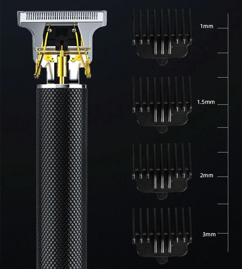 Black USB rechargeable hair clipper with gold steel blades, four comb attachments, and cleaning brush