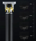 Black USB rechargeable hair clipper with gold steel blades, four comb attachments, and cleaning brush