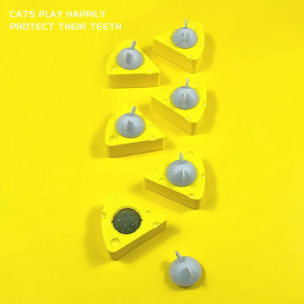 Five yellow catnip toy balls with silvervine sticks for cat dental cleaning and play