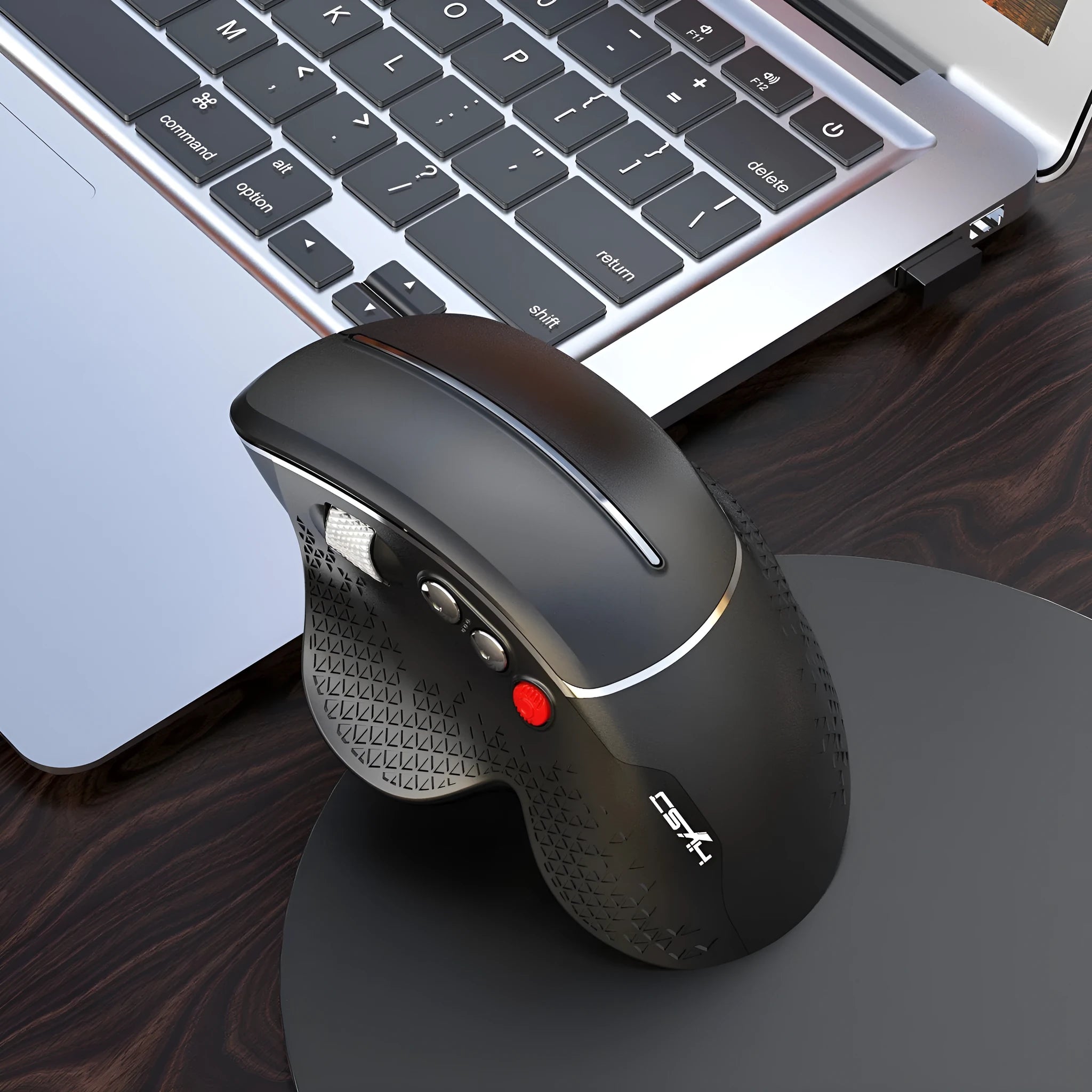 T32 Black and Silver wireless vertical ergonomic mouse with aluminium side roller on desk
