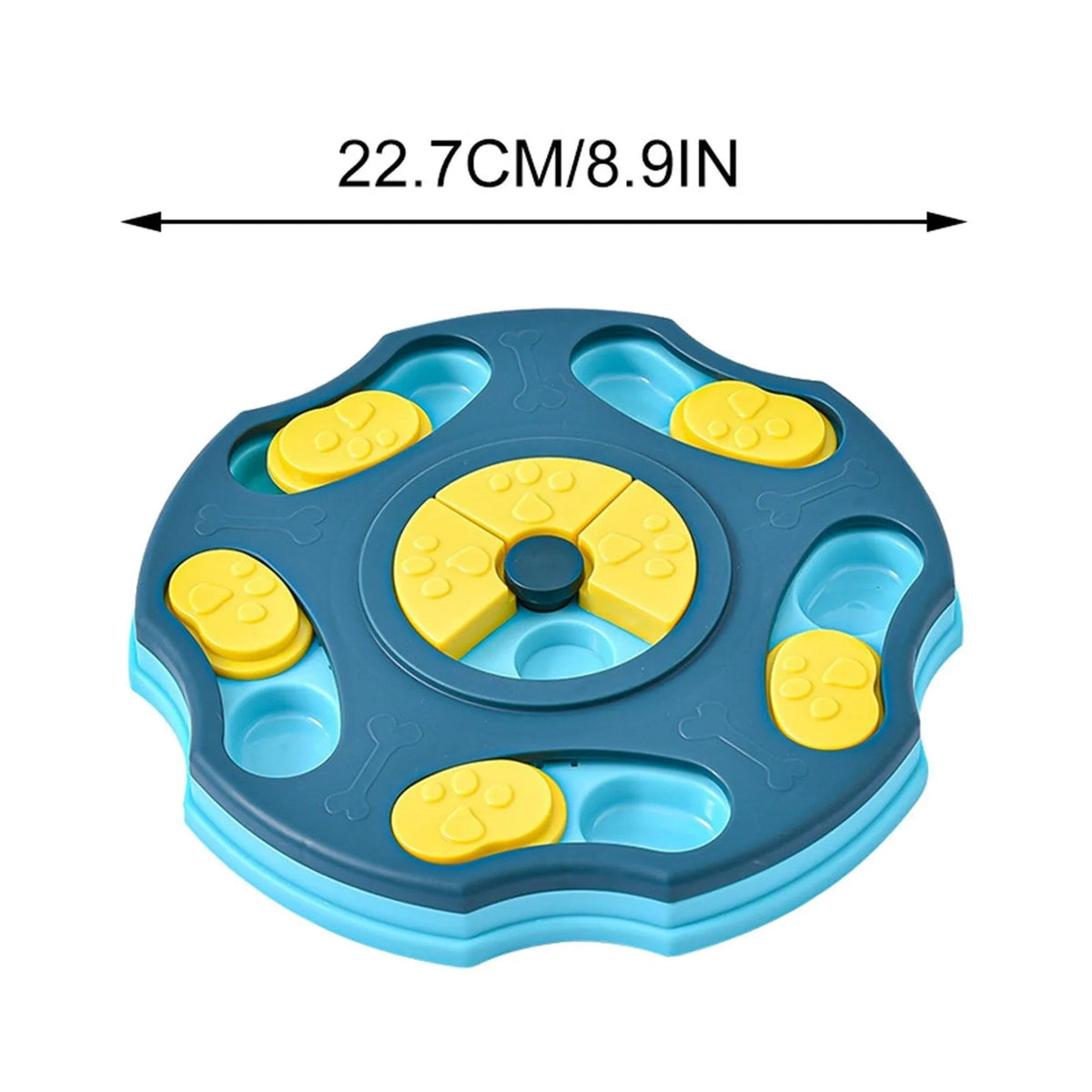 Blue dog puzzle feeder bowl with removable difficulty components for interactive slow feeding