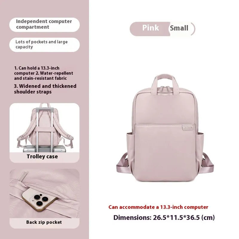 Large canvas travel backpack in apricot colour showing external pocket and urban style.
