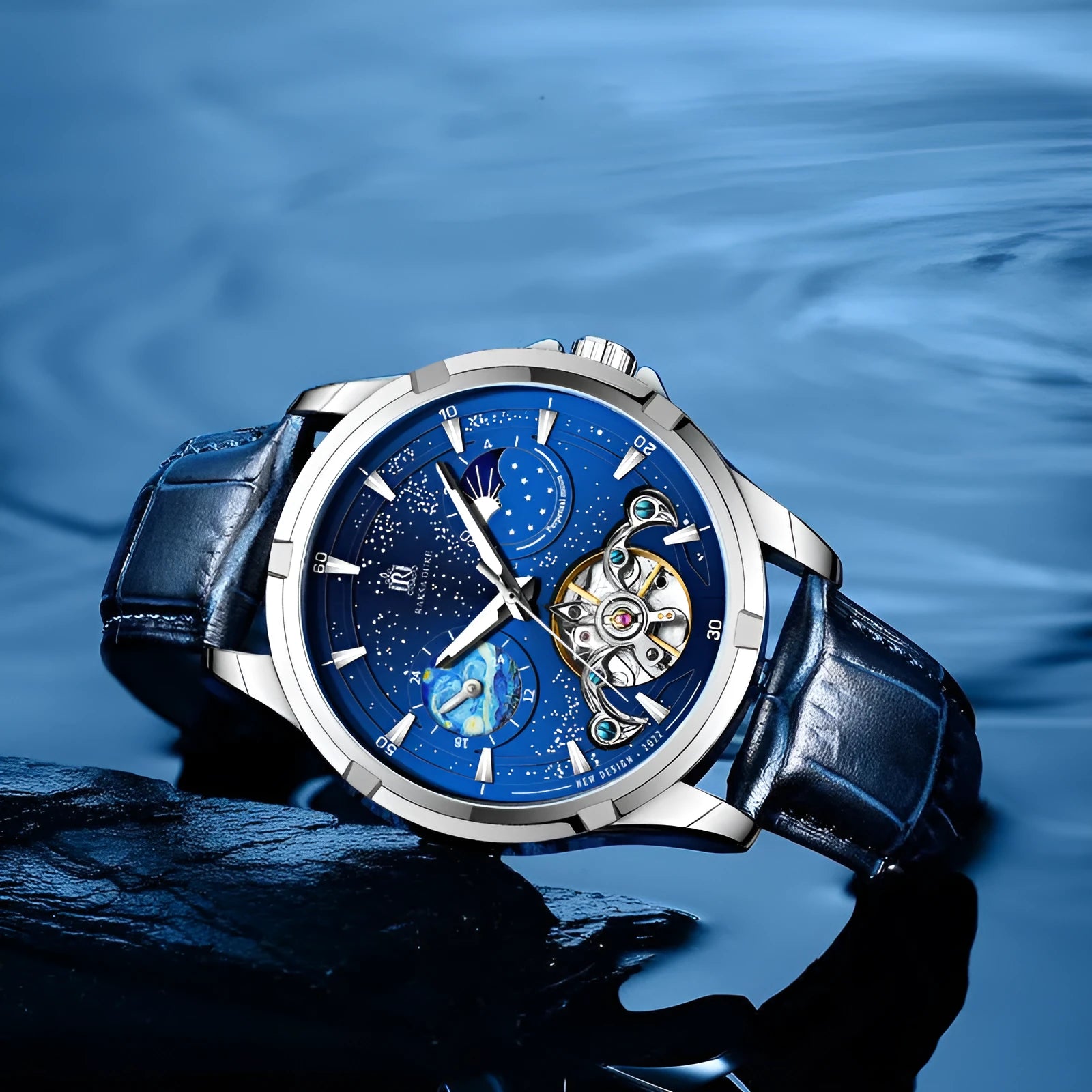 Men's automatic mechanical watch with blue dial and analogue display