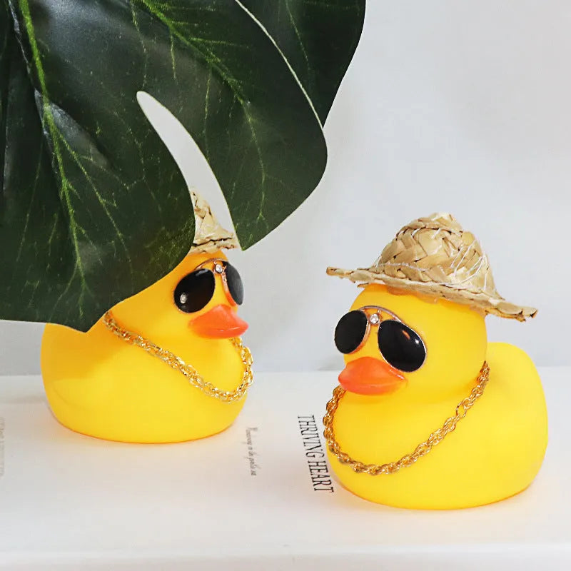 Yellow duck wearing straw hat car ornament with matte finish and included base glue