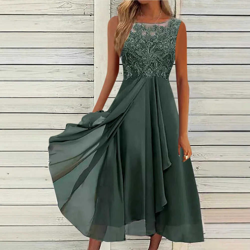 Women's sleeveless mid-length dress with lace hollow-out stitching in blue, green, or purple polyester fabric