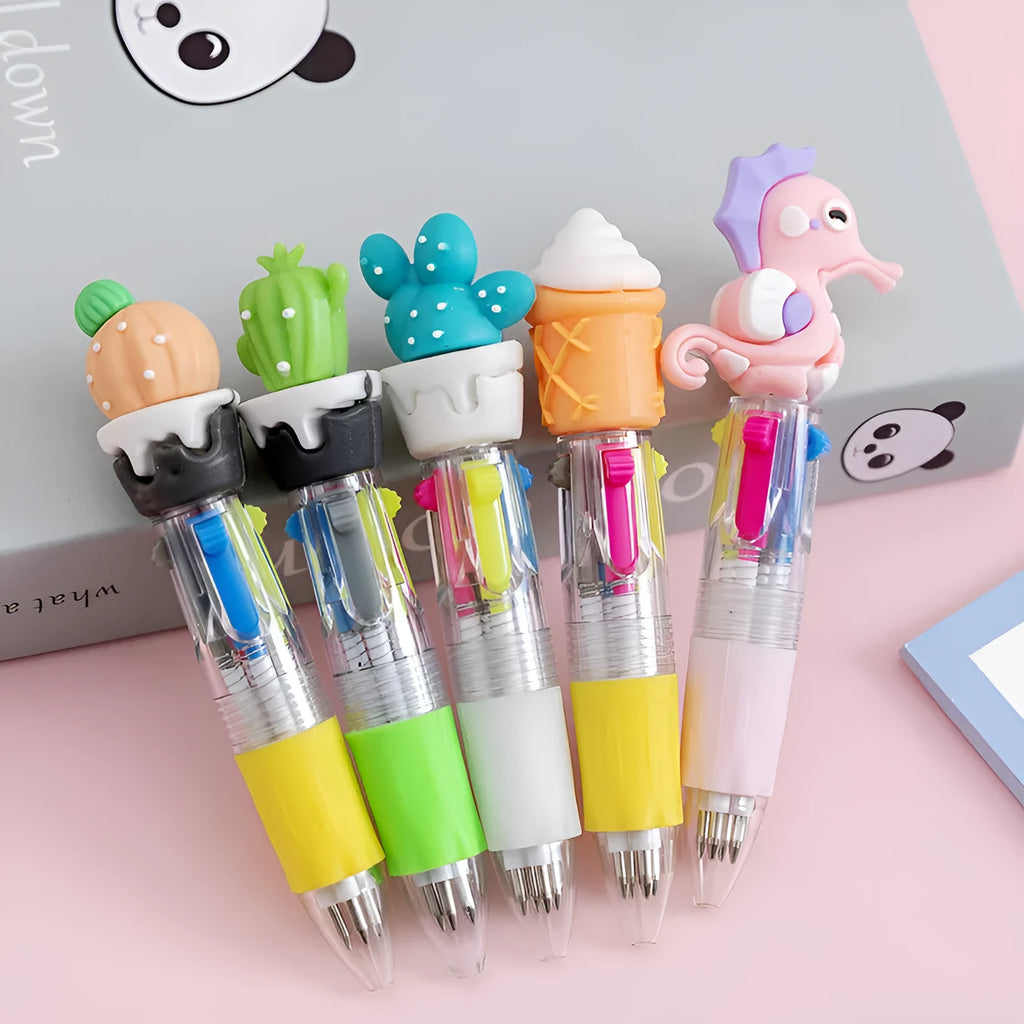 Cute cartoon-themed four-colour press ballpoint pen with 0.7mm tip.
