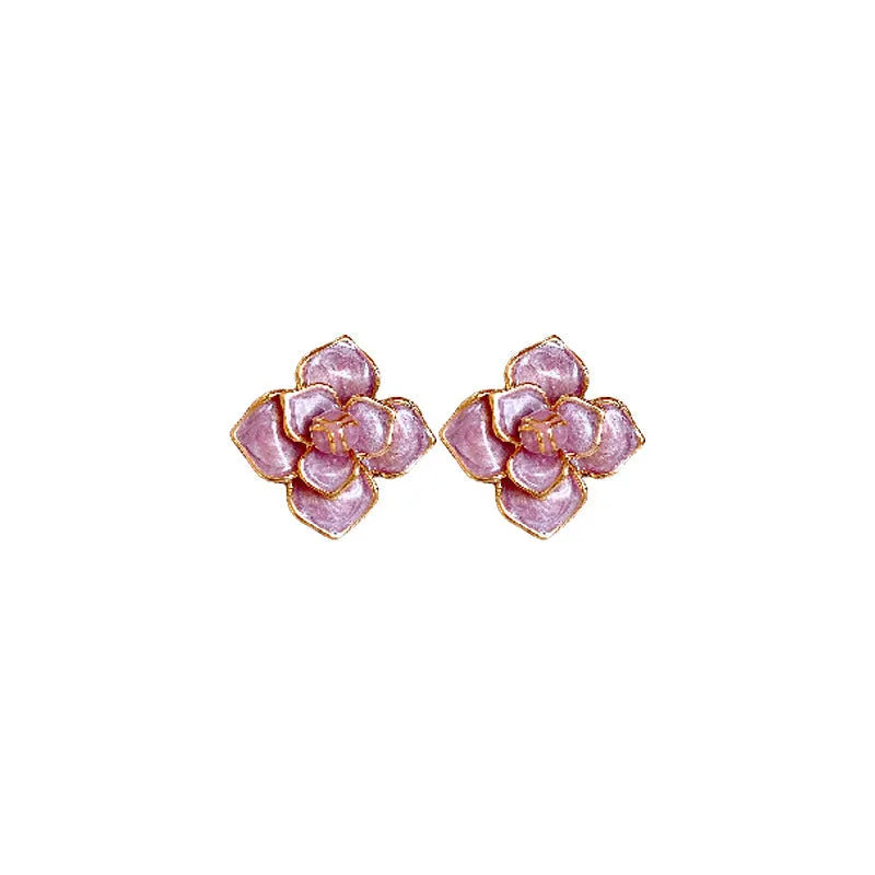 Gold plated purple floral stud earrings with oil-spot glaze colour variation on copper