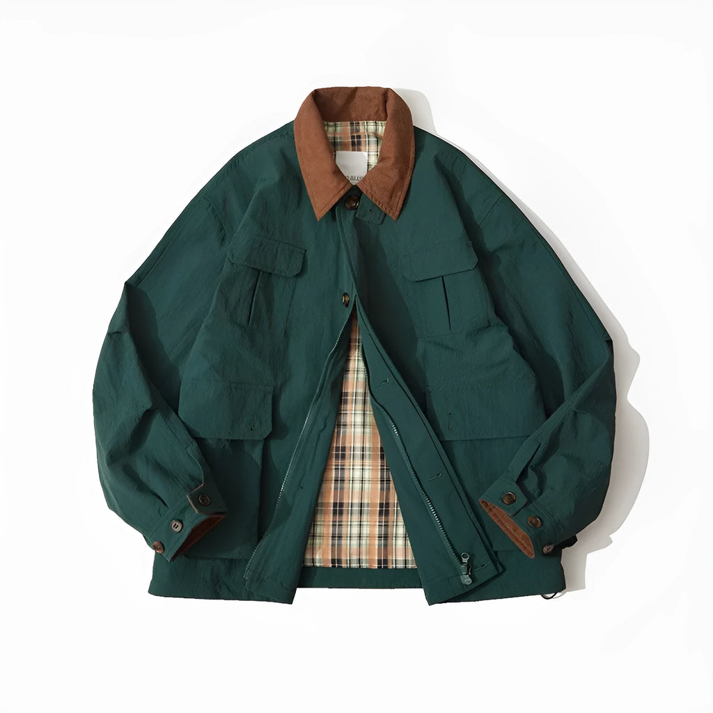 Green and apricot polyester casual jacket with side pockets and long sleeves
