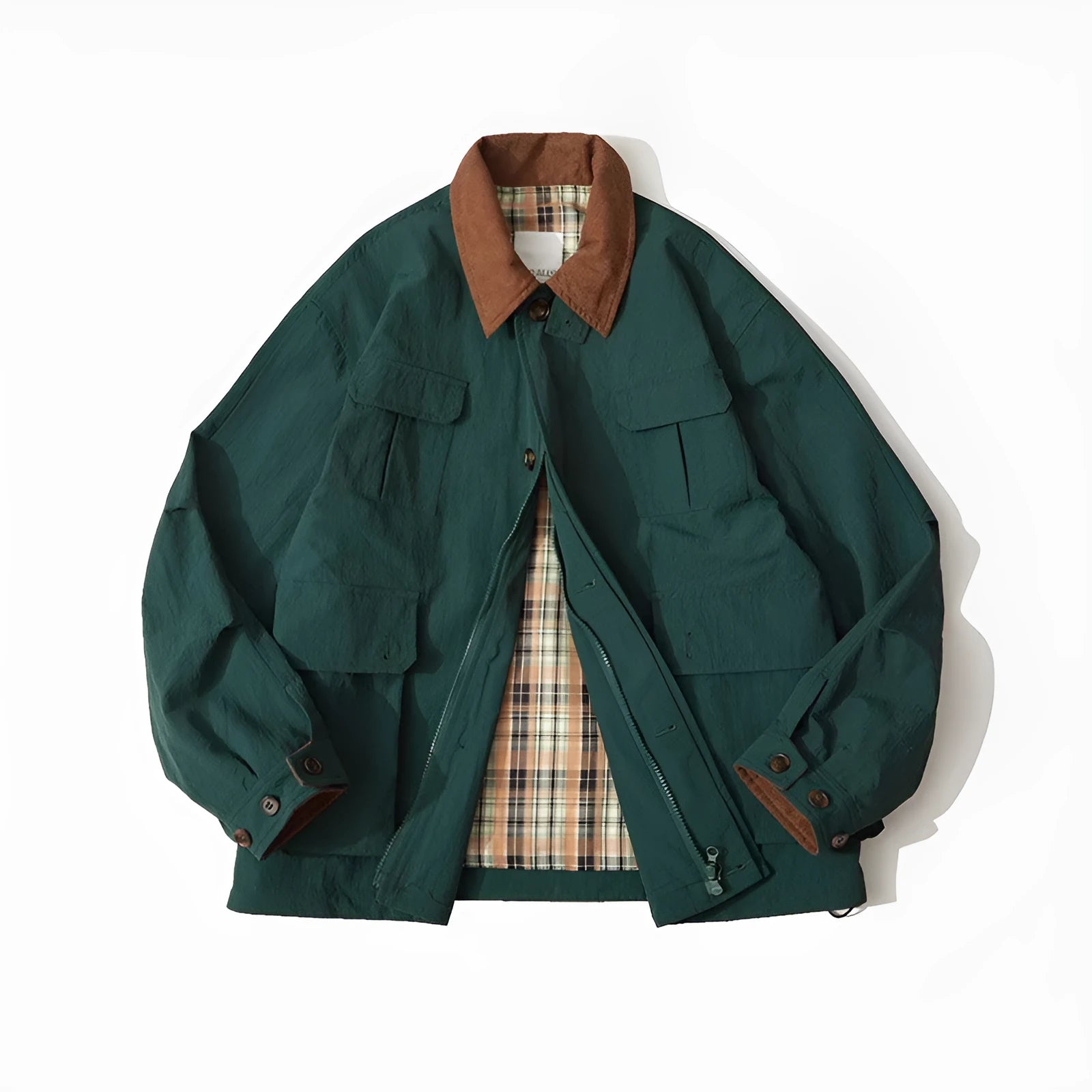 Green and apricot polyester casual jacket with side pockets and long sleeves