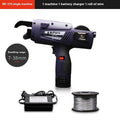 Fully automatic electric steel bar tying machine with battery, charger, and toolbox on a construction site.