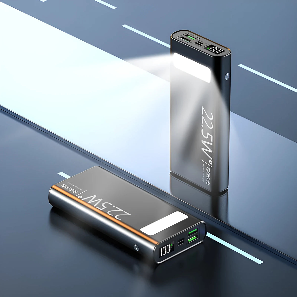 Alloy shell portable power bank with LCD display, shown in black, featuring USB-C PD fast charge port.