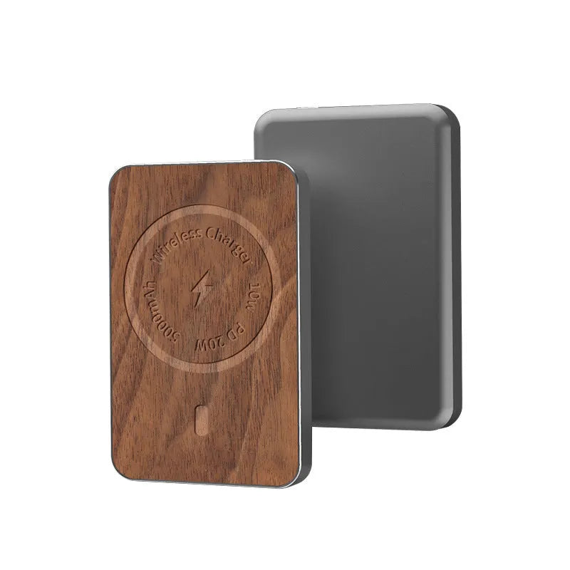 Khaki-coloured magnetic wireless charging bank with 5000mAh capacity and USB port