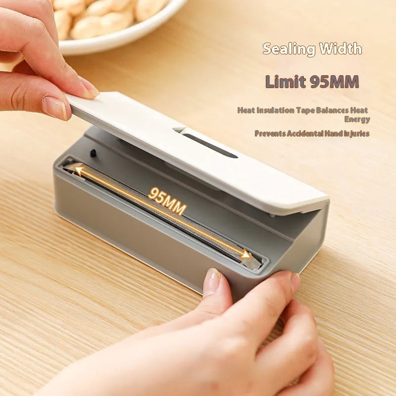 Portable mini sealing machine in blue and white colours measuring 4x3.5x14.4cm