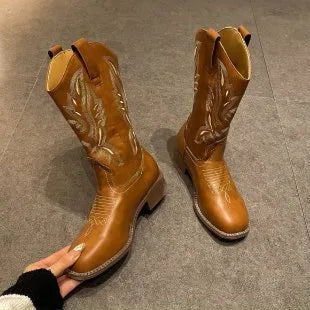 Brown women's embroidered mid-calf Martin boots with leather lining and square heel
