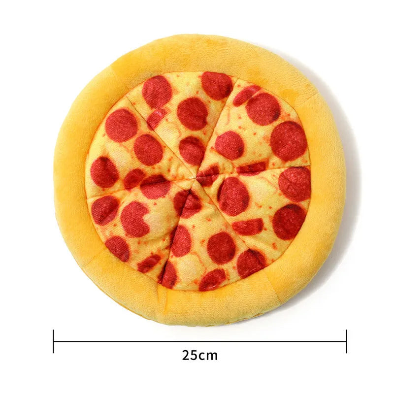 Yellow teddy bear dog chew toy with pizza design details for interactive play and dental care