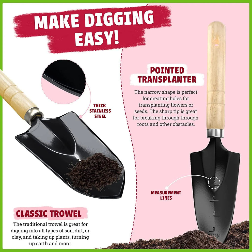 Stainless steel gardening tools set with eight implements including trowel, fork, cultivator and pruner