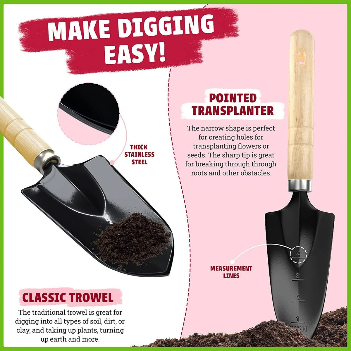 Stainless steel gardening tools set with eight implements including trowel, fork, cultivator and pruner