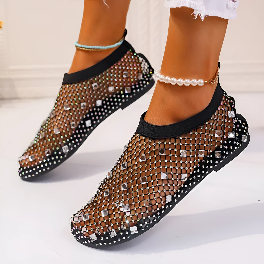 Women's colourful mesh flat sandals with rhinestone design and round toe profile