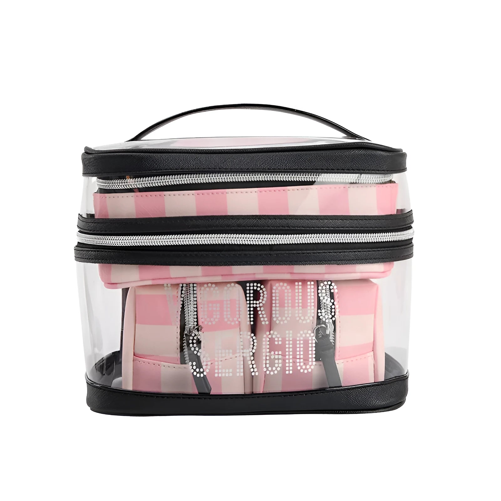 Pink striped floral pattern waterproof synthetic leather folding makeup bag with nylon lining