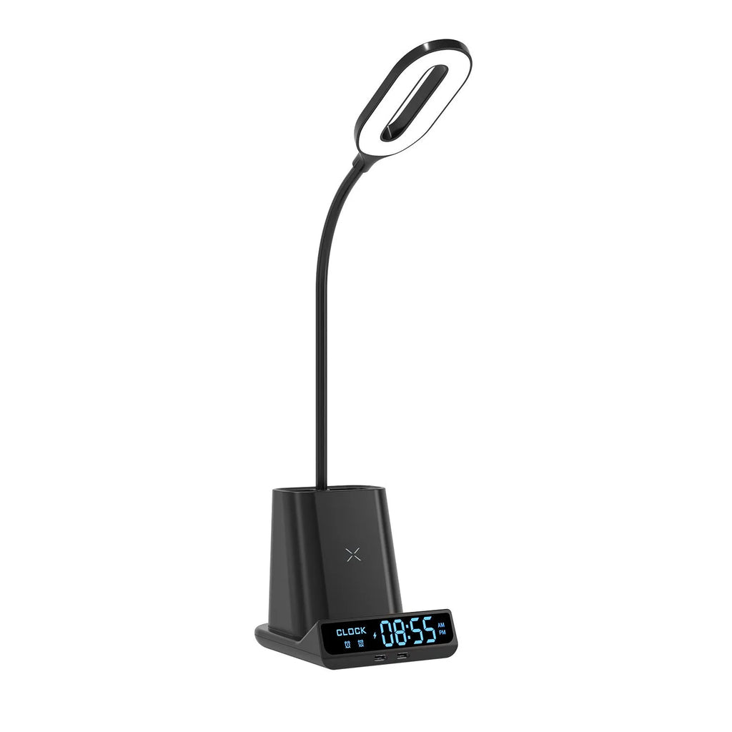 Wireless charging desk lamp with integrated pen holder and storage compartments in modern simplicity design