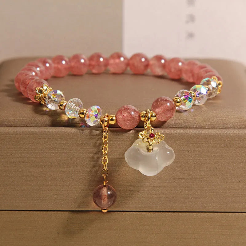 Women's adjustable strawberry quartz crystal bracelet with white agate stones and auspicious cloud charm