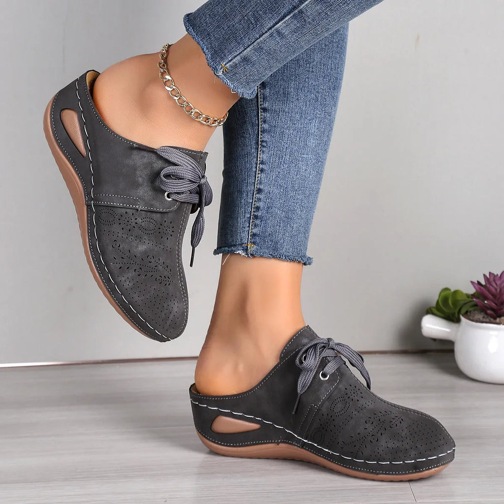 Women's baotou lace-up wedge sandals in suede with hollow out design