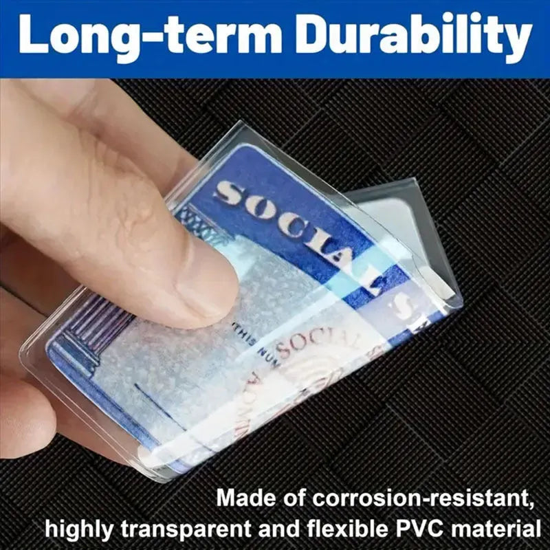 Transparent PVC waterproof ID card holder showing a Social Security card inside.