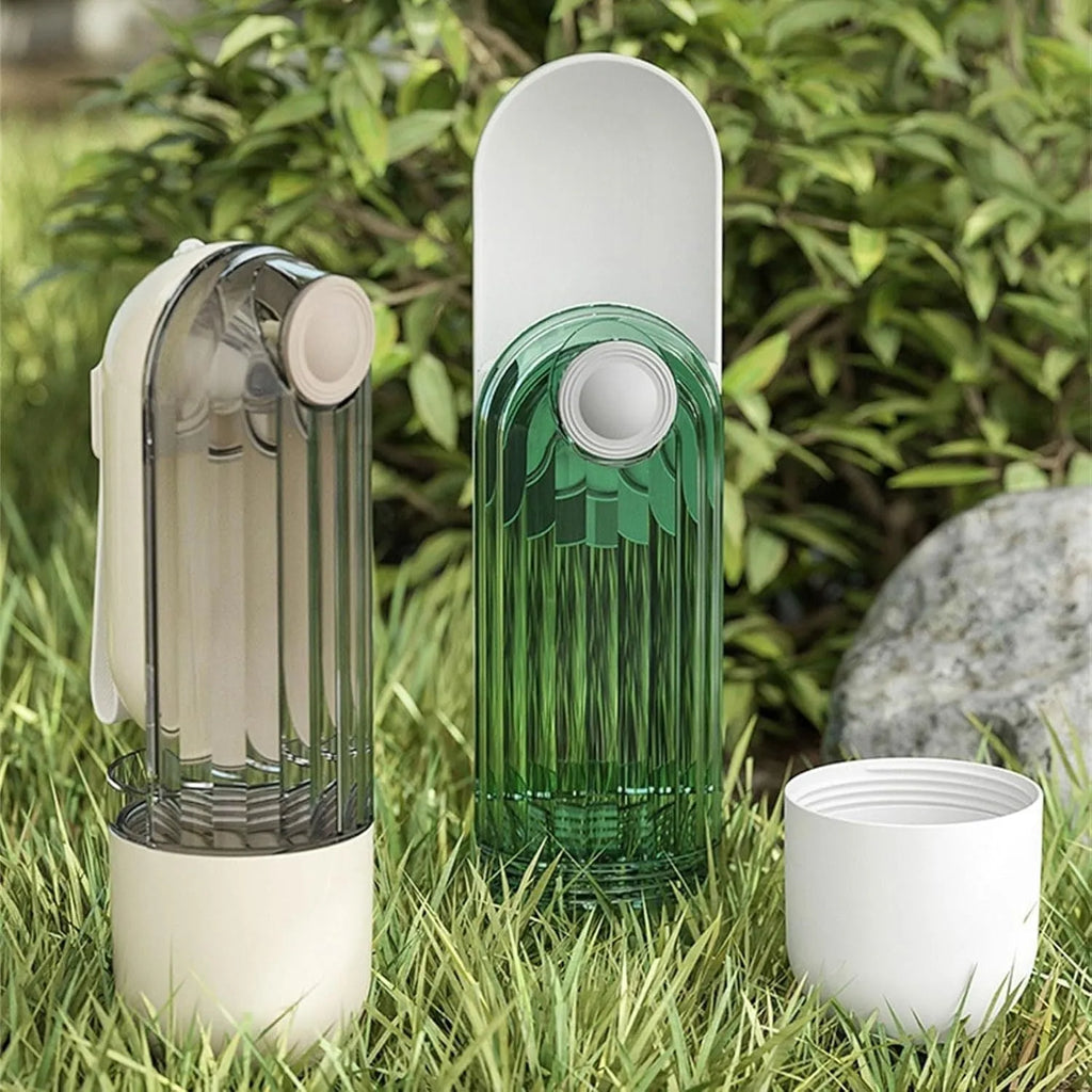 Beige or green folding portable dog water bottle with food dispenser, shown in open and closed positions.