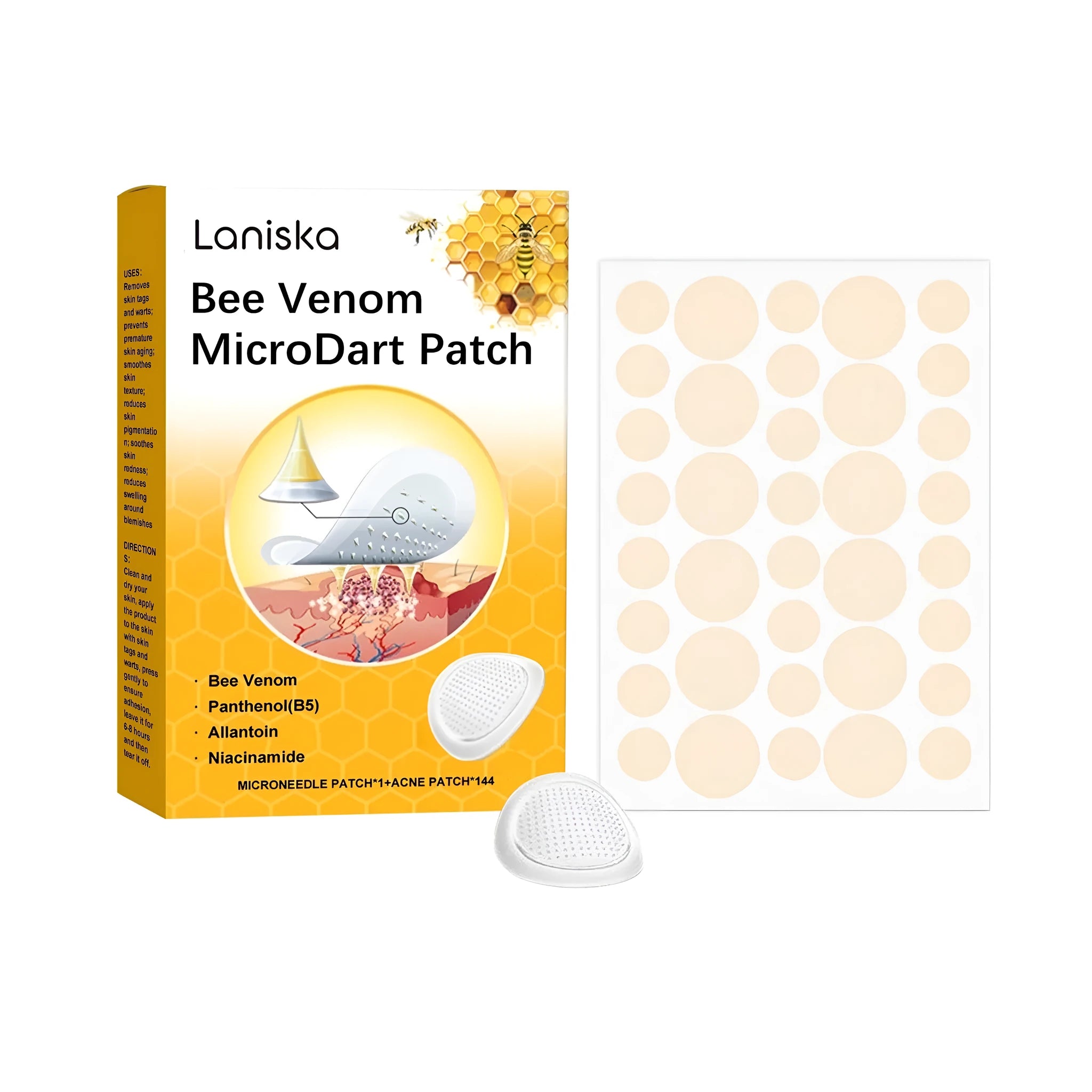 Box of bee venom and salicylic acid microdart wart removal patches showing hydrocolloid acne spots and needle applicator tool