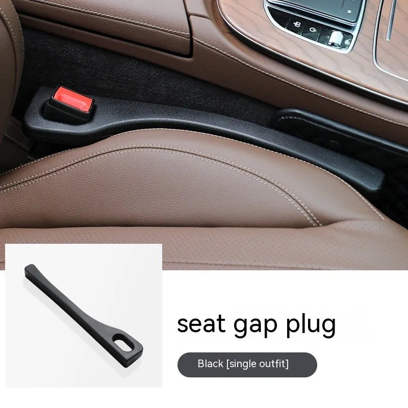Polyurethane car seat gap filler strip in black, shown next to a vehicle centre console.