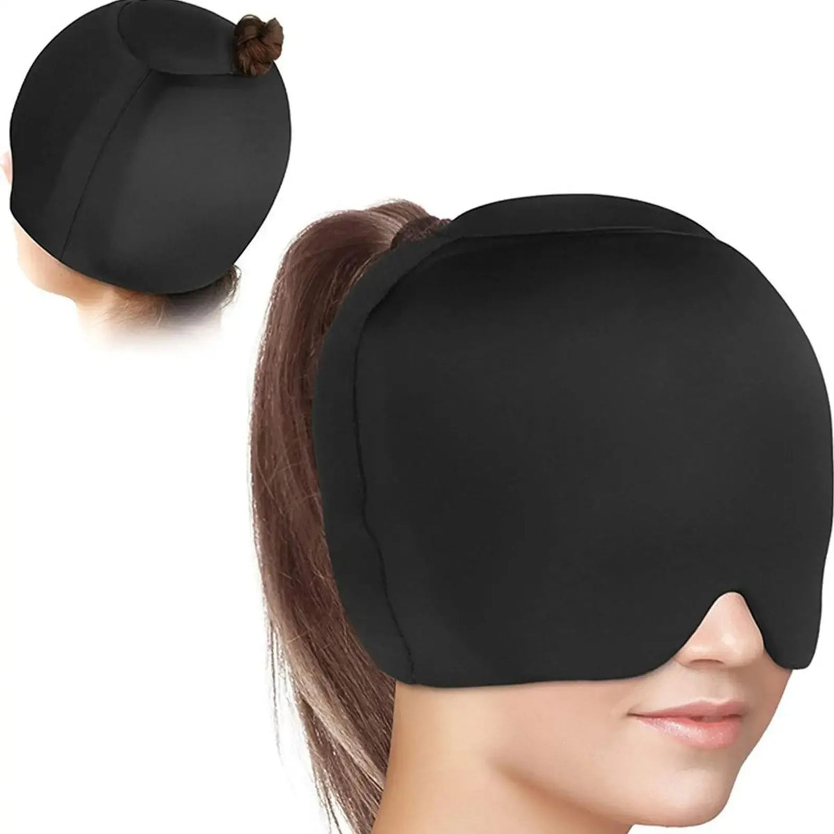 Solid colour fully enclosed cold compress cap for headache relief shown in black, pink, and dark blue options.