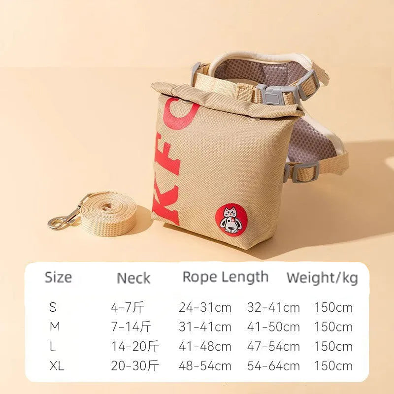 Cartoon hamburger design adjustable escape-proof vest harness and leash for a dog on a walk.