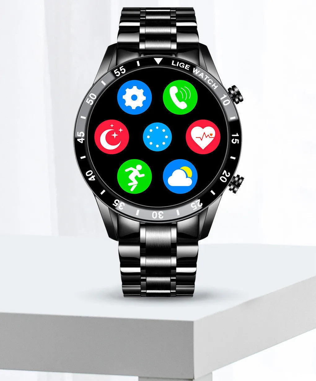 Smart watch with stainless steel band and 1.3-inch touch screen display showing step counter interface