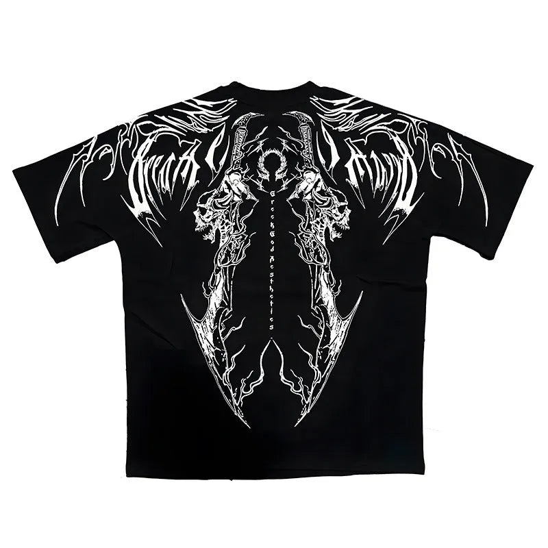 A dark coloured, loose-fitting plus size cotton short-sleeved T-shirt on a model, showing gilding craft detail.