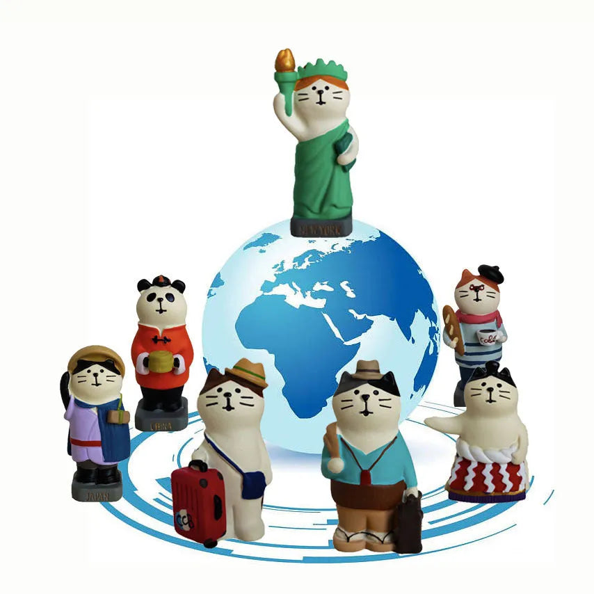 Cartoon Cat of Liberty resin statue on display in Earth Instrument or Carp Cat design style.