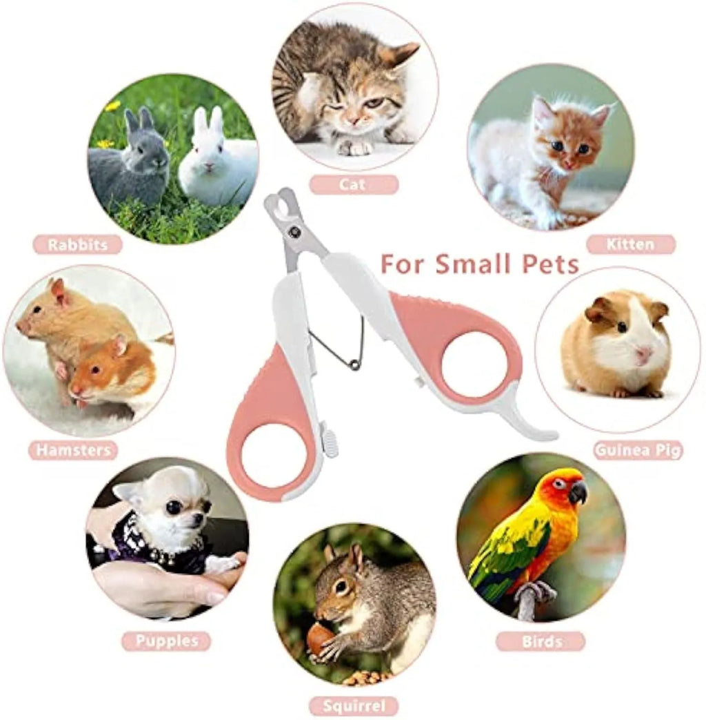 Grey and pink cat nail clippers with a safety lock and angled stainless steel blade on a non-slip rubber handle.