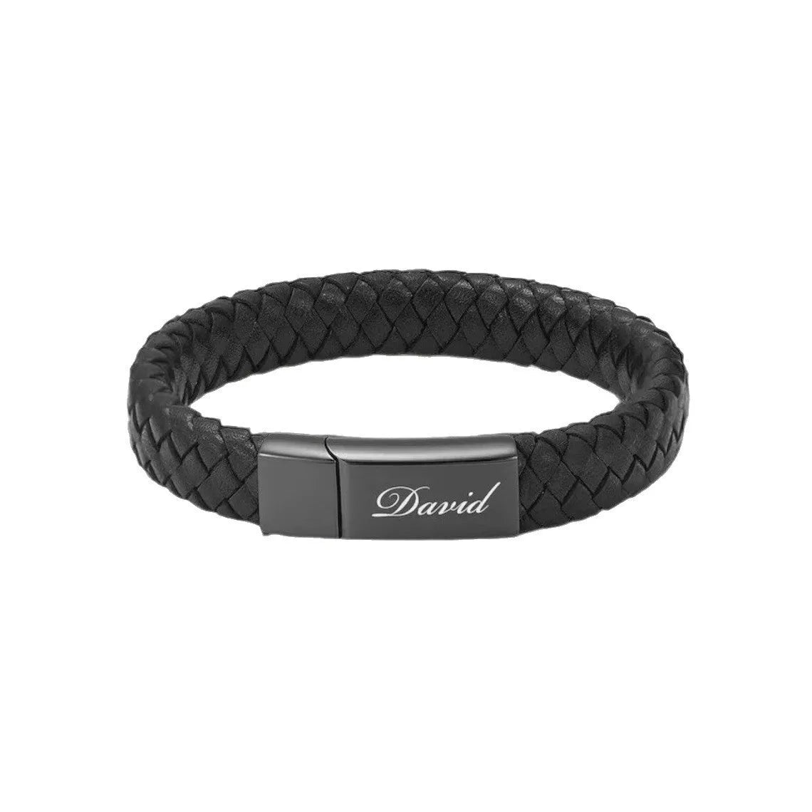 Black stainless steel bracelet with leather cinerary charm and engraved text, presented in a gift box.
