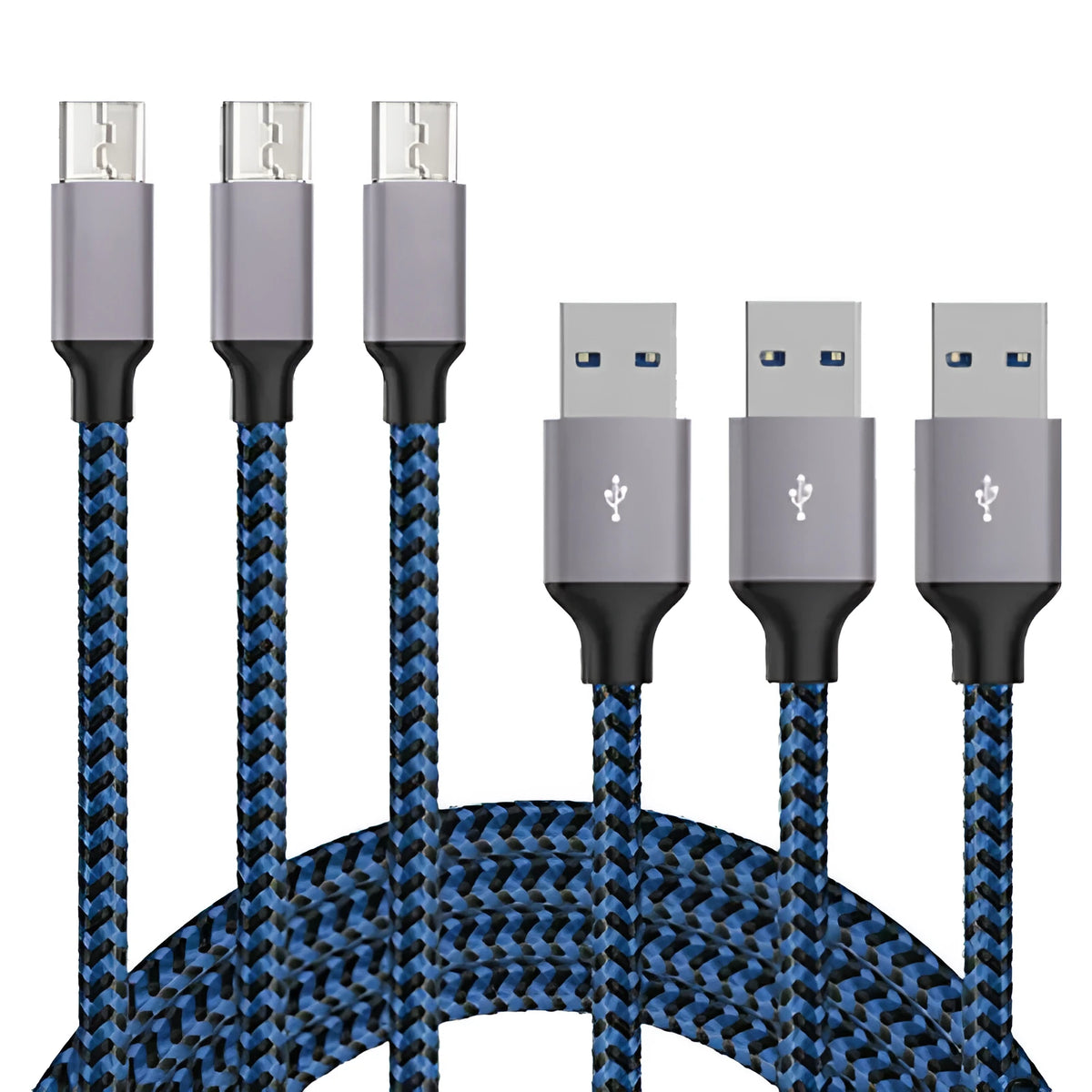 Braided Android fast charging Micro USB cable in black and white, showing length options.